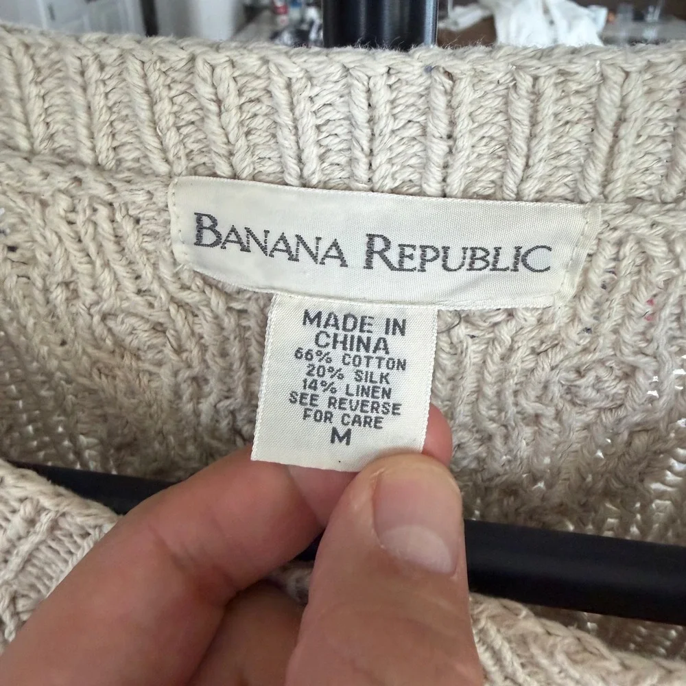 Banana Republic Mens Silk Cotton Linen Cable Knit Fisherman Sweater Cream Medium